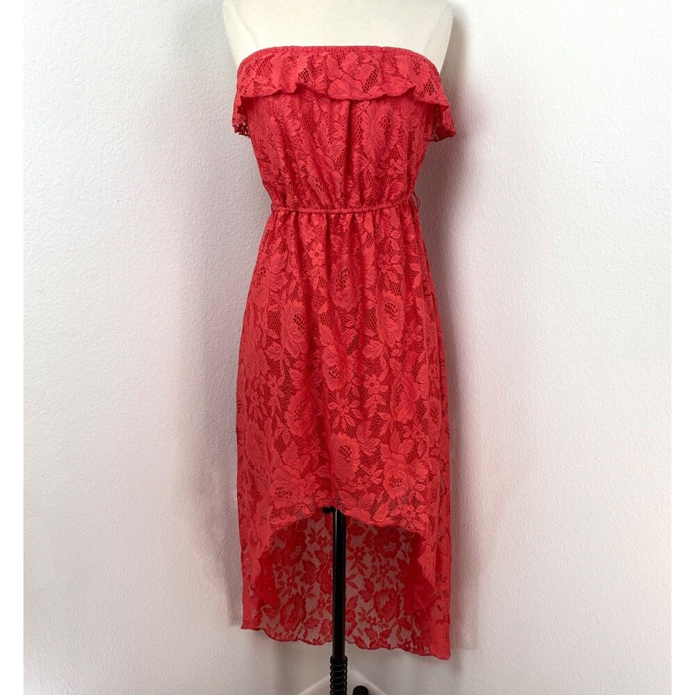 Trixxi Red-Orange Lace Dress Med Strapless High-Low Summer Peasant West Country